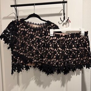 Black Floral Lace Overlay Crop Matching Set